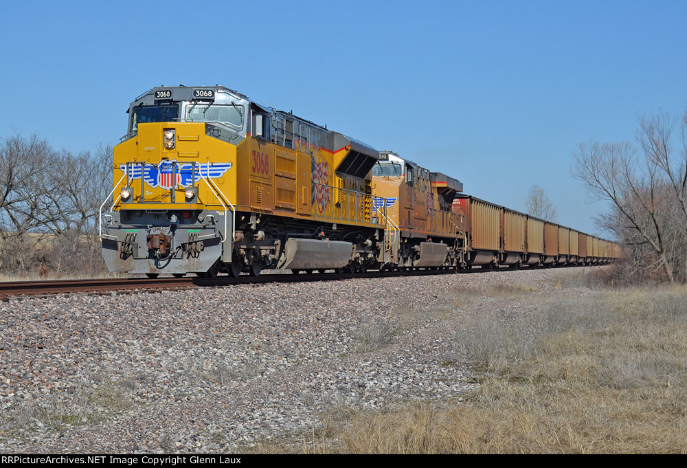 UP 3068 leads a southbound loaded coal train into town